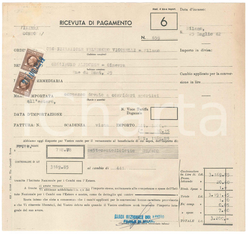 Autografo originale 1942 CICLISMO MILANO Ricevuta Alphonse GROLIMUND per compenso gara 1