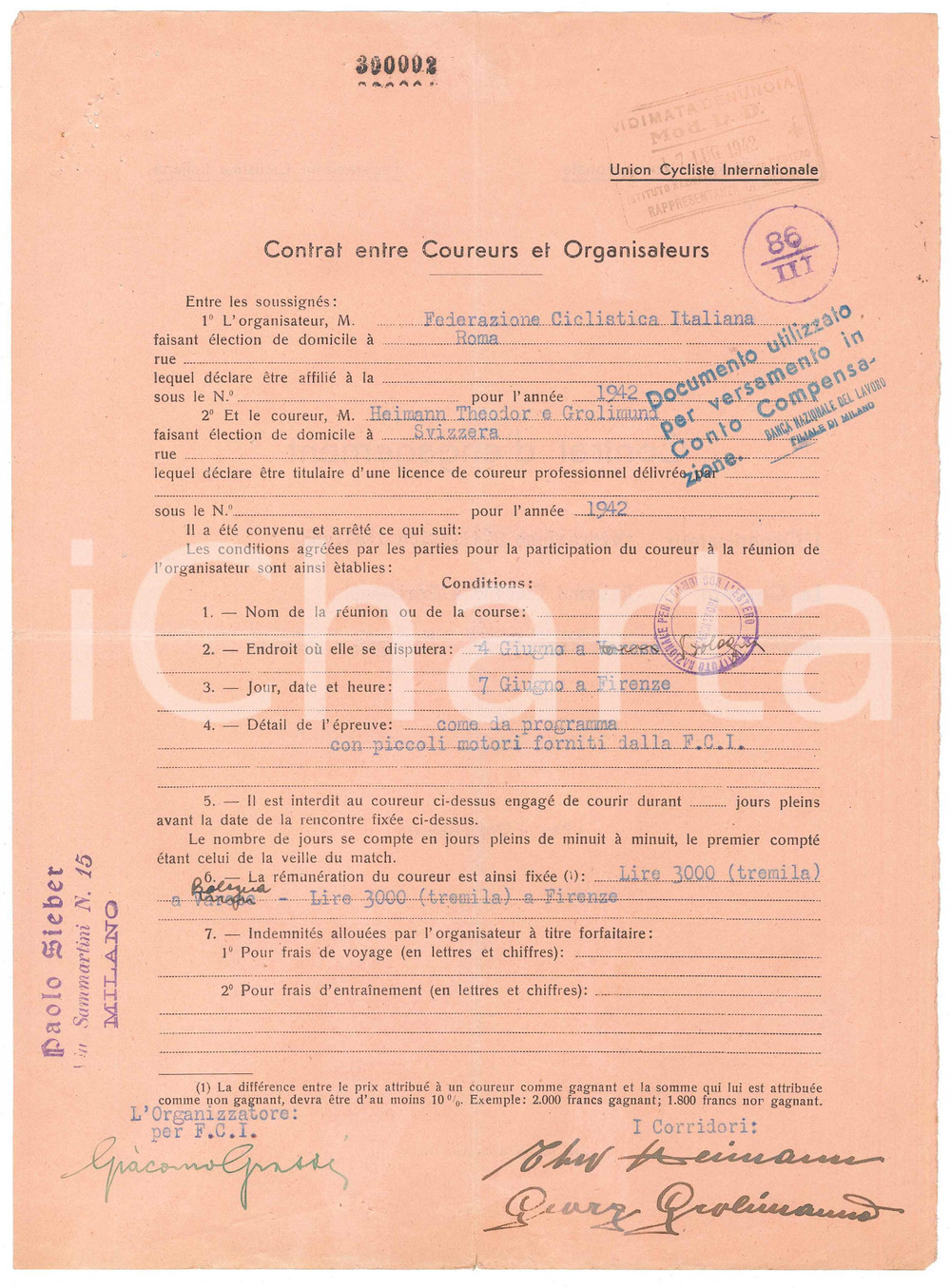 Autografo originale 1942 CICLISMO MILANO Contratto gara Theodor HEIMANN Georg GROLIMUND Autografi 1
