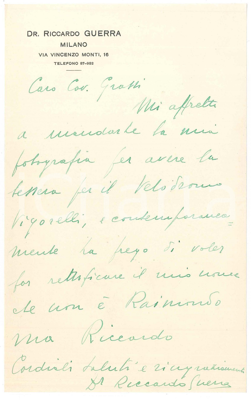 Manoscritto, lettera originale 1942 MILANO CICLISMO Lettera dott. Riccardo GUERRA per tessera Vigorelli 1