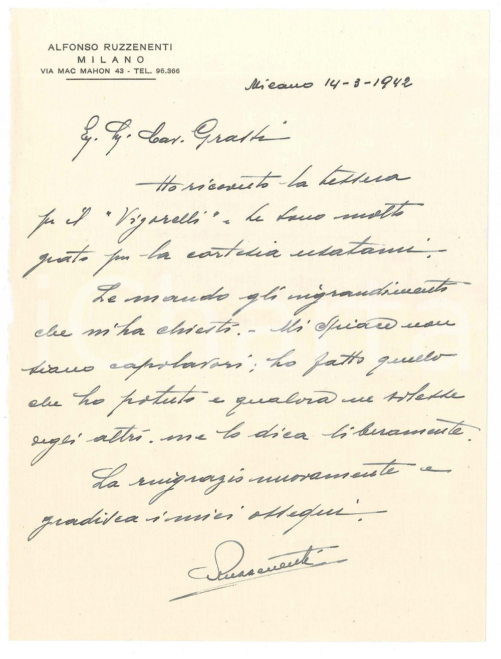 Autografo originale 1942 MILANO CICLISMO Lettera gen. Alfonso RUZZENENTI per tessera Vigorelli 1