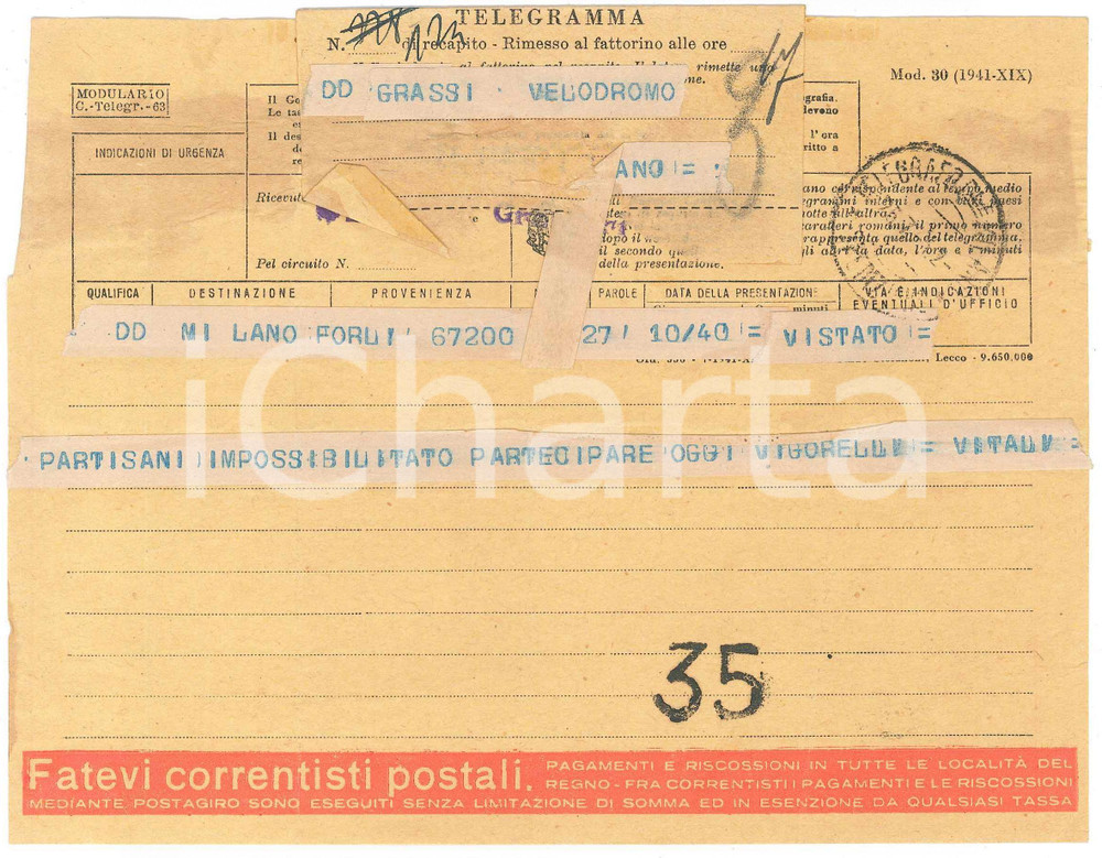 Documento originale, autentico 1942 CICLISMO  FORLI   Telegramma Aldo VITALI per gara PARTISANI 1
