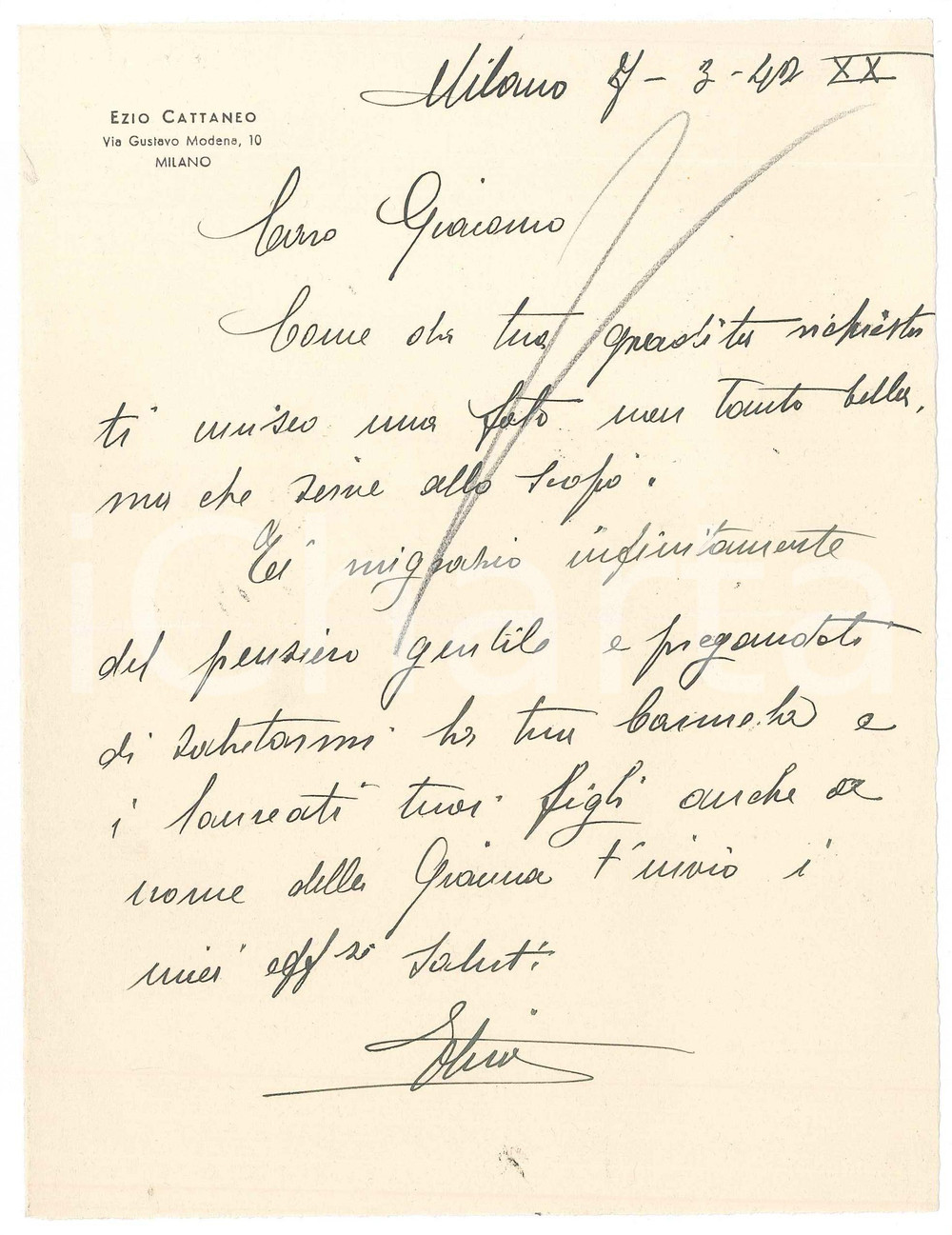 1942 MILANO CICLISMO Lettera Ezio CATTANEO per invio fotografia