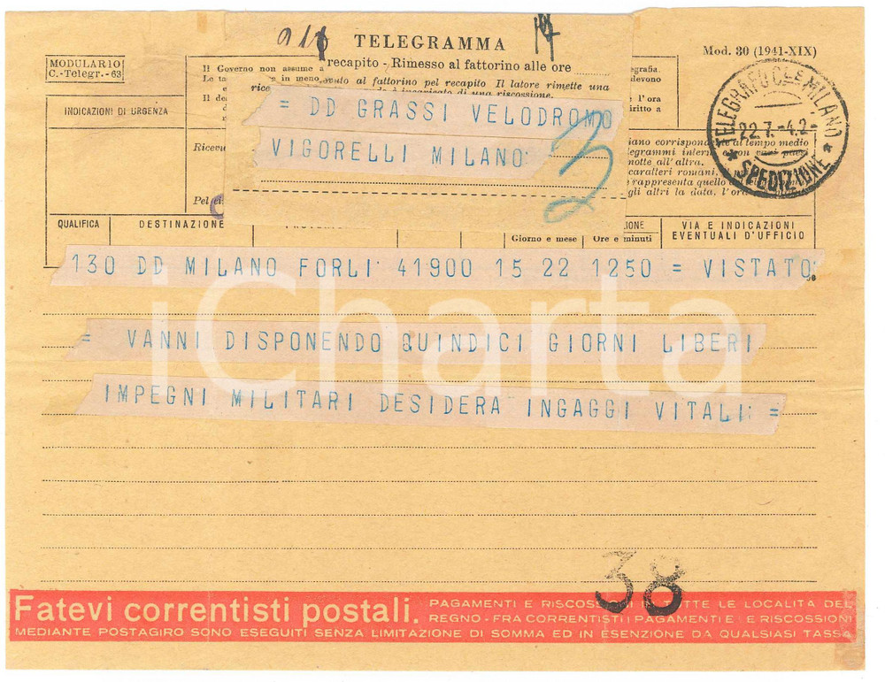 Documento originale, autentico 1942 CICLISMO  FORLI   Telegramma Aldo VITALI per gara Dino VANNI 1