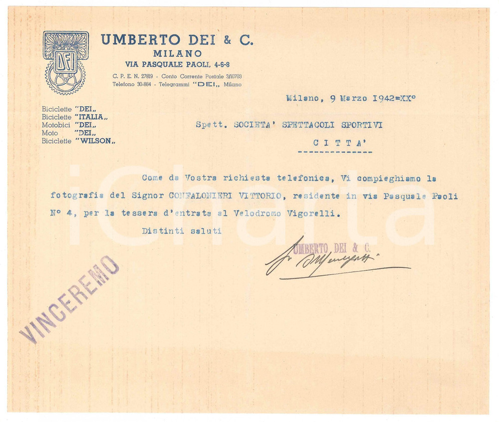 Documento originale, autentico 1942 MILANO CICLISMO Lettera UMBERTO DEI & C Biciclette per tessera Vigorelli 1