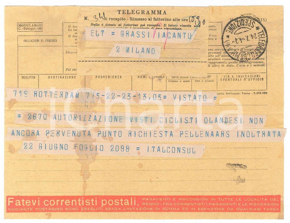 Documento originale, autentico 1942 CICLISMO  ROTTERDAM  Telegramma per visto ciclisti olandesi non pervenuto 1