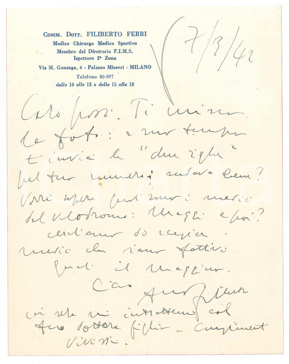 Documento originale, autentico 1942 MILANO Lettera Filiberto FERRI medico chirurgo sportivo  Autografo 1