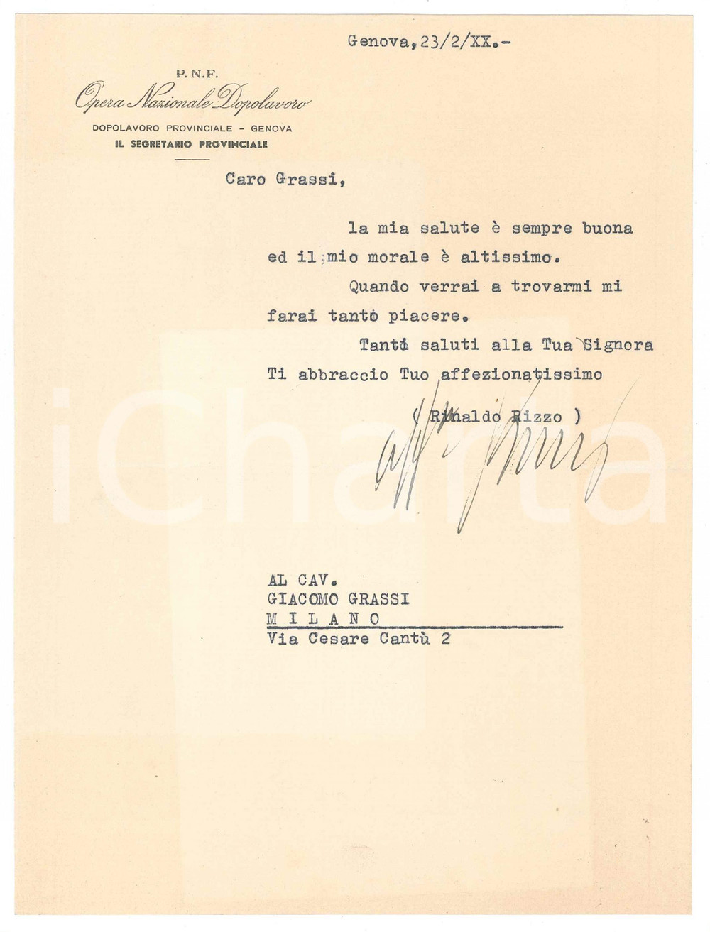 Documento originale, autentico 1942 PNF OND GENOVA Lettera Rinaldo RIZZO segretario provinciale  Autografo 1