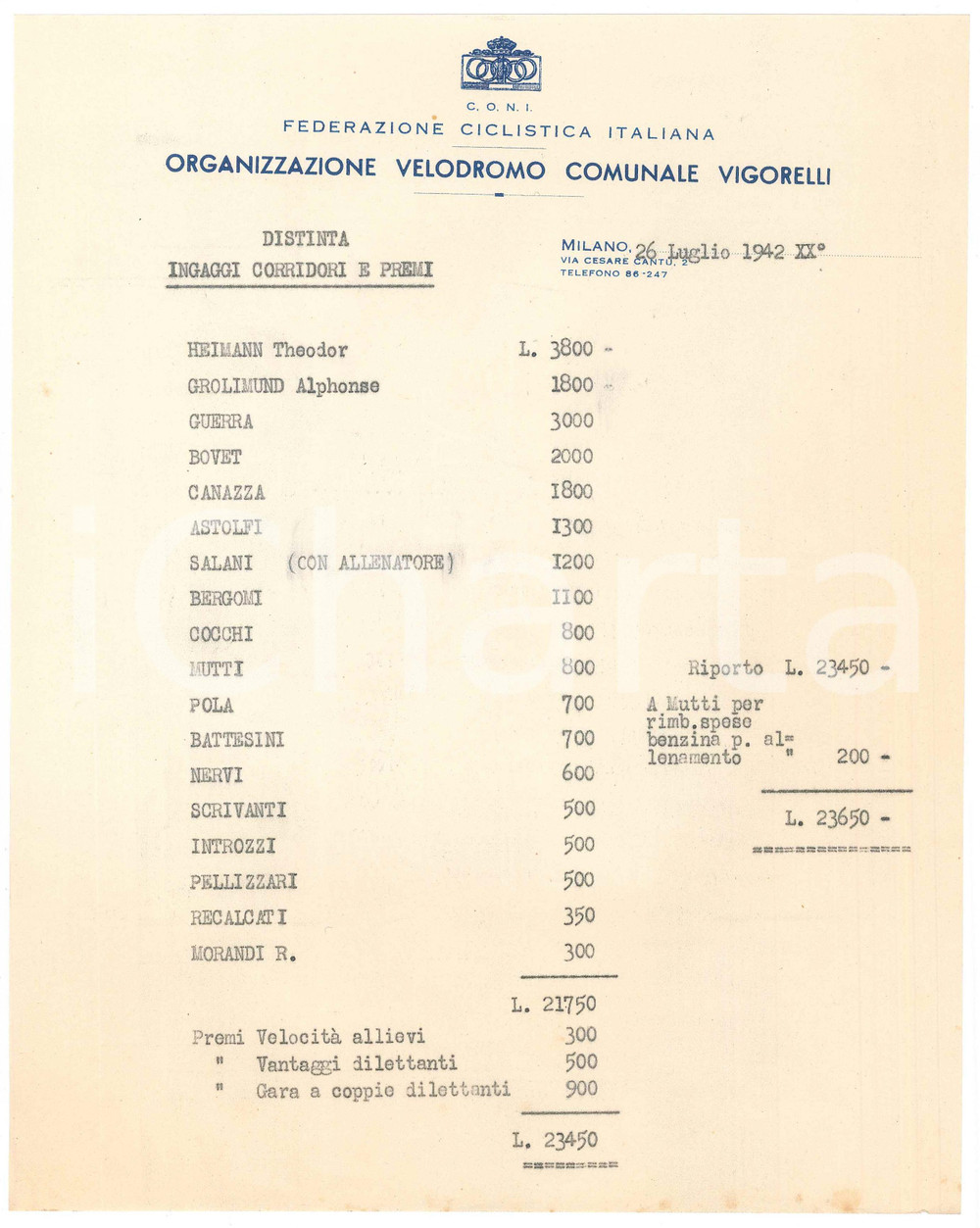 Documento originale, autentico 1942 CICLISMO MILANO Velodromo Vigorelli  Distinta ingaggi corridori e premi 1