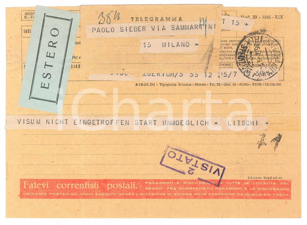 Documento originale, autentico 1942 CICLISMO  ZURICH  Telegramma Karl LITSCHI per mancato visto per gara 1