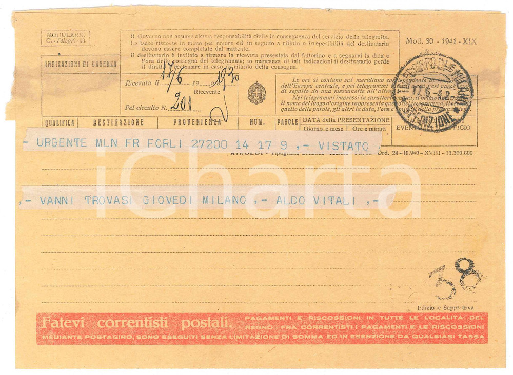 Documento originale, autentico 1942 CICLISMO  FORLI   Telegramma Aldo VITALI per gara VANNI 1