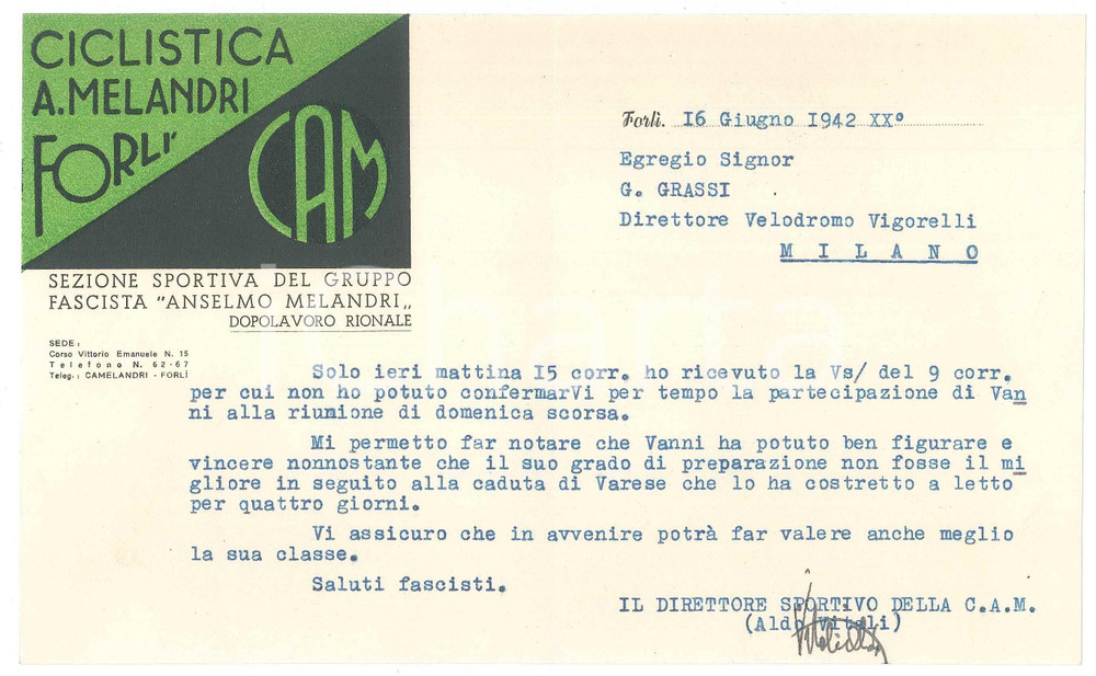 Autografo originale 1942 CICLISMO FORLI  Lettera Aldo VITALI  Gruppo Anselmo Melandri AUTOGRAFO 1