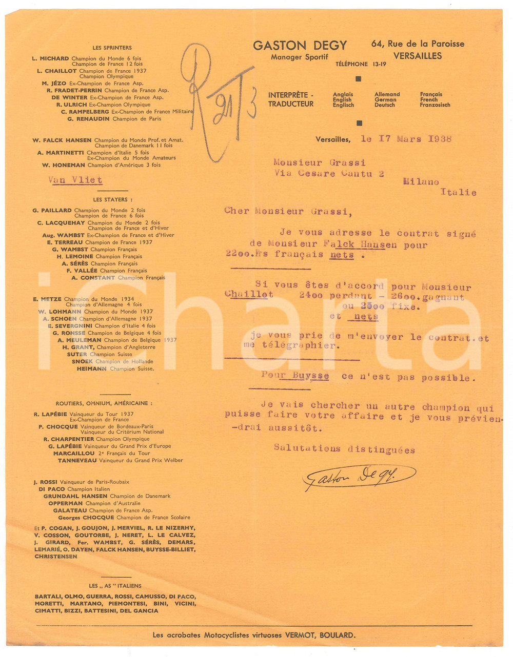 Autografo originale 1938 CICLISMO VERSAILLES  Gaston DEGY  Lettera per invio contratto AUTOGRAFO 1