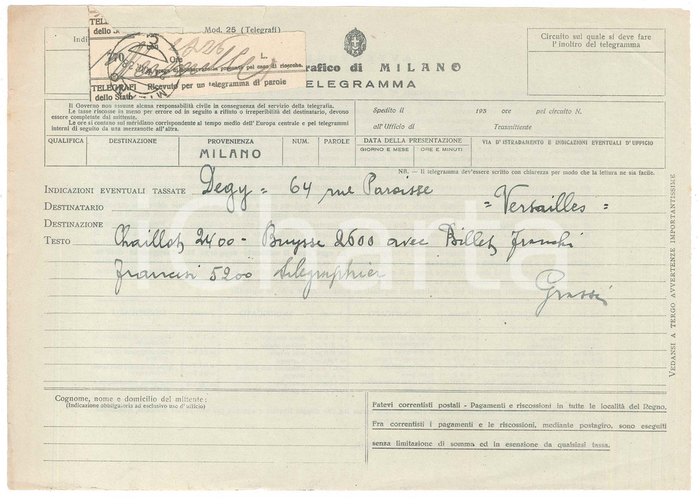 Documento originale, autentico 1938 CICLISMO  MILANO Telegramma di Giacomo GRASSI Autografo 27x19 cm 1