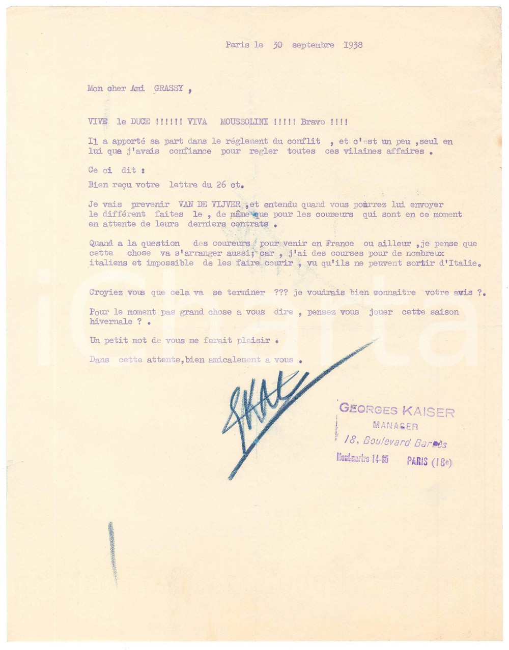 Autografo originale 1938 PARIS CICLISMO Georges KAISER ha fiducia in Mussolini  AUTOGRAFO 1