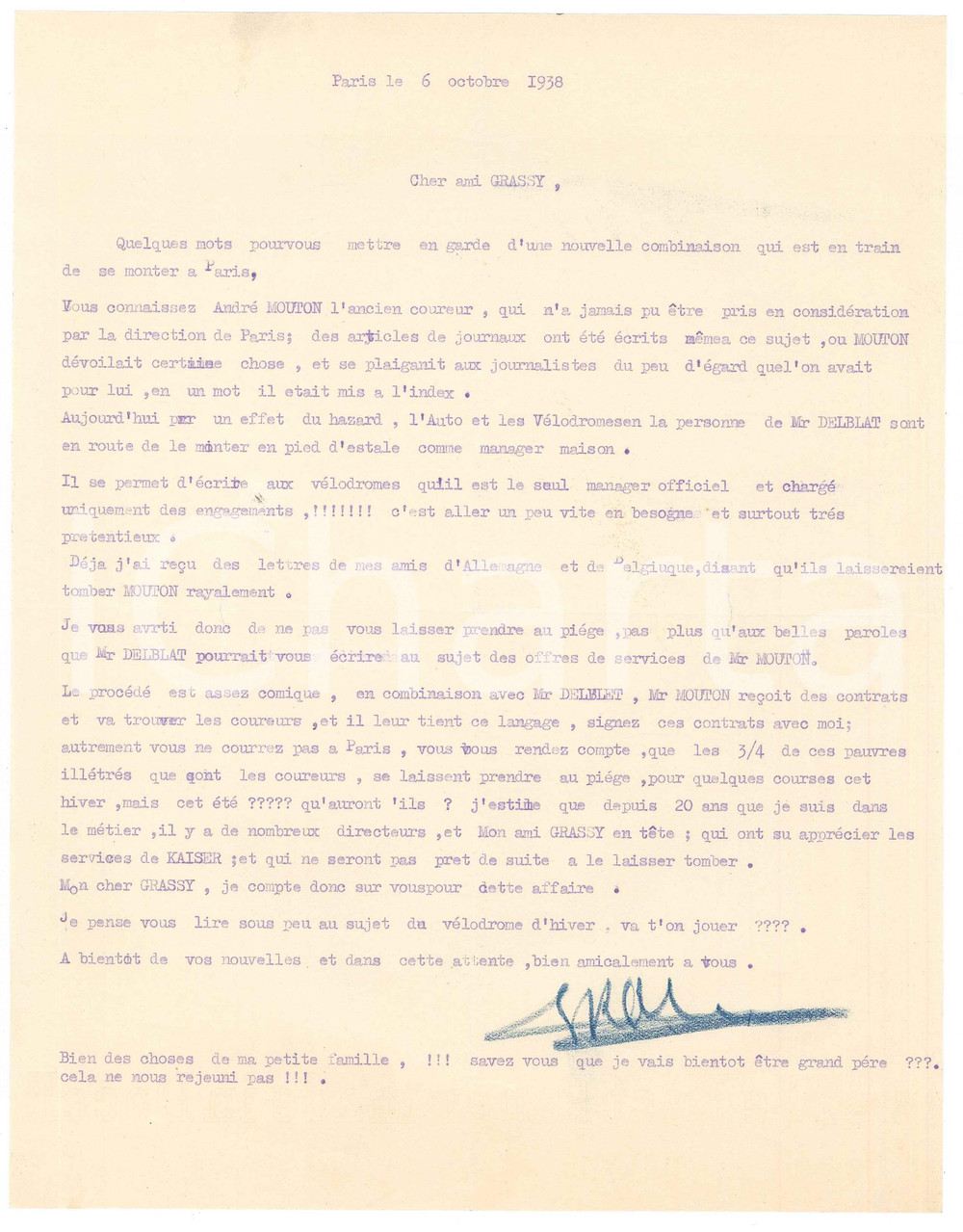 Autografo originale 1938 PARIS CICLISMO Georges KAISER contro AndrÃ© MOUTON agente sleale AUTOGRAFO 1