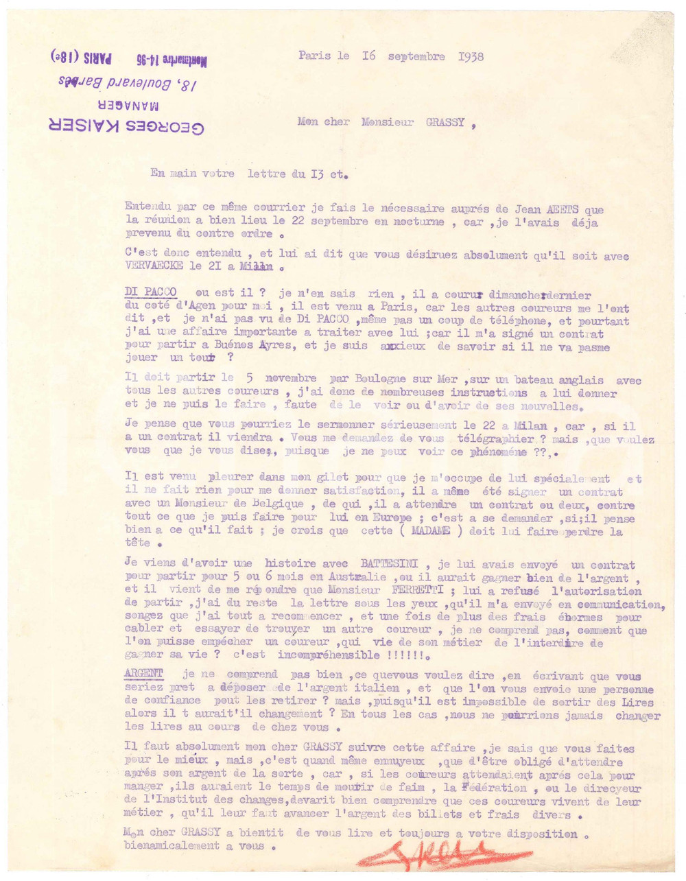 Autografo originale 1938 PARIS CICLISMO Georges KAISER su Raffaele DI PACCO irreperibile AUTOGRAFO 1