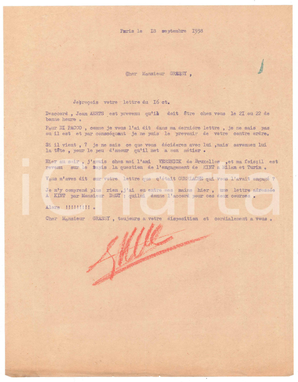 Autografo originale 1938 PARIS CICLISMO Georges KAISER su Raffaele DI PACCO negligente  Autografo 1