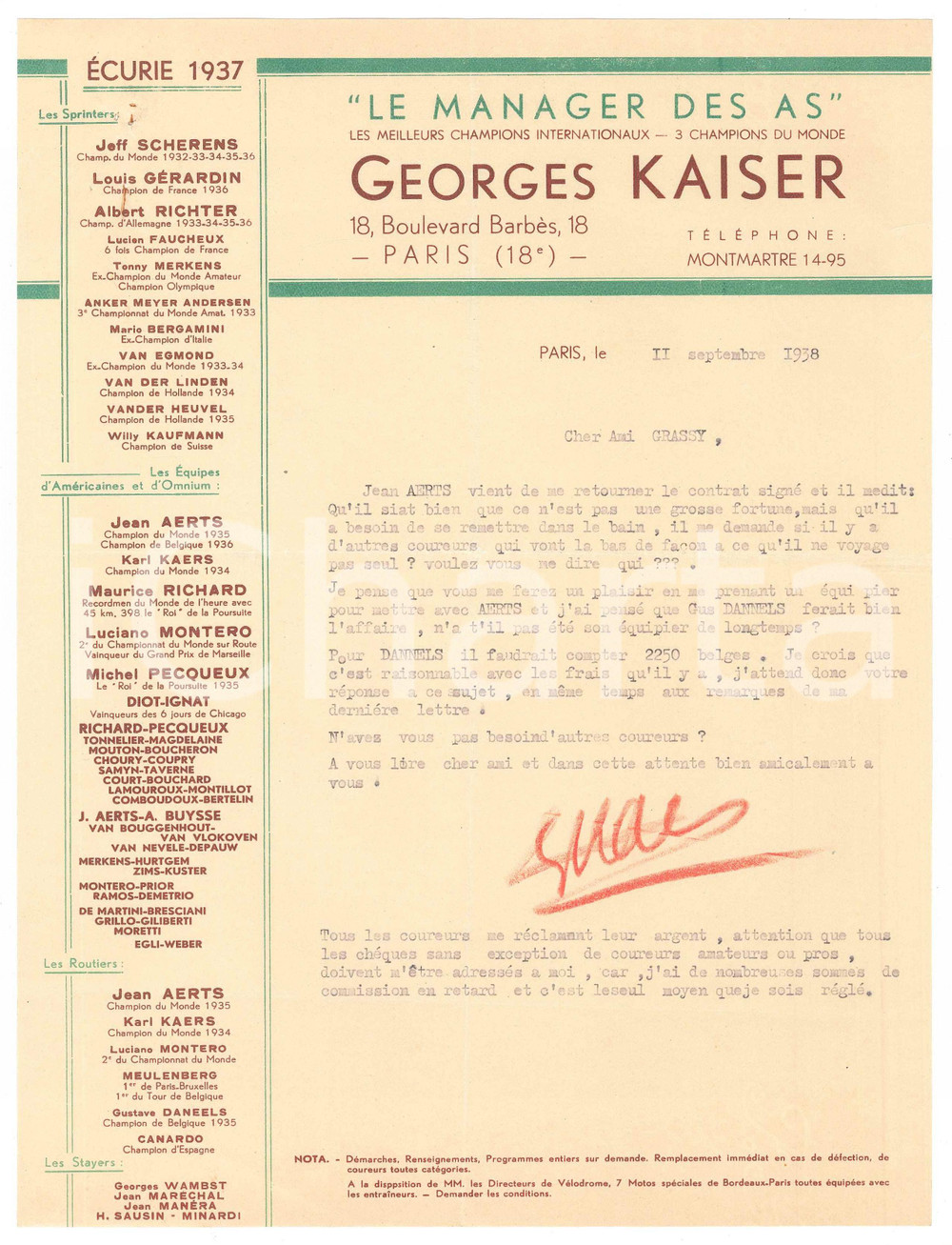 Autografo originale 1938 PARIS CICLISMO Georges KAISER chiede DANNEELS per gara con AERTS Autografo 1