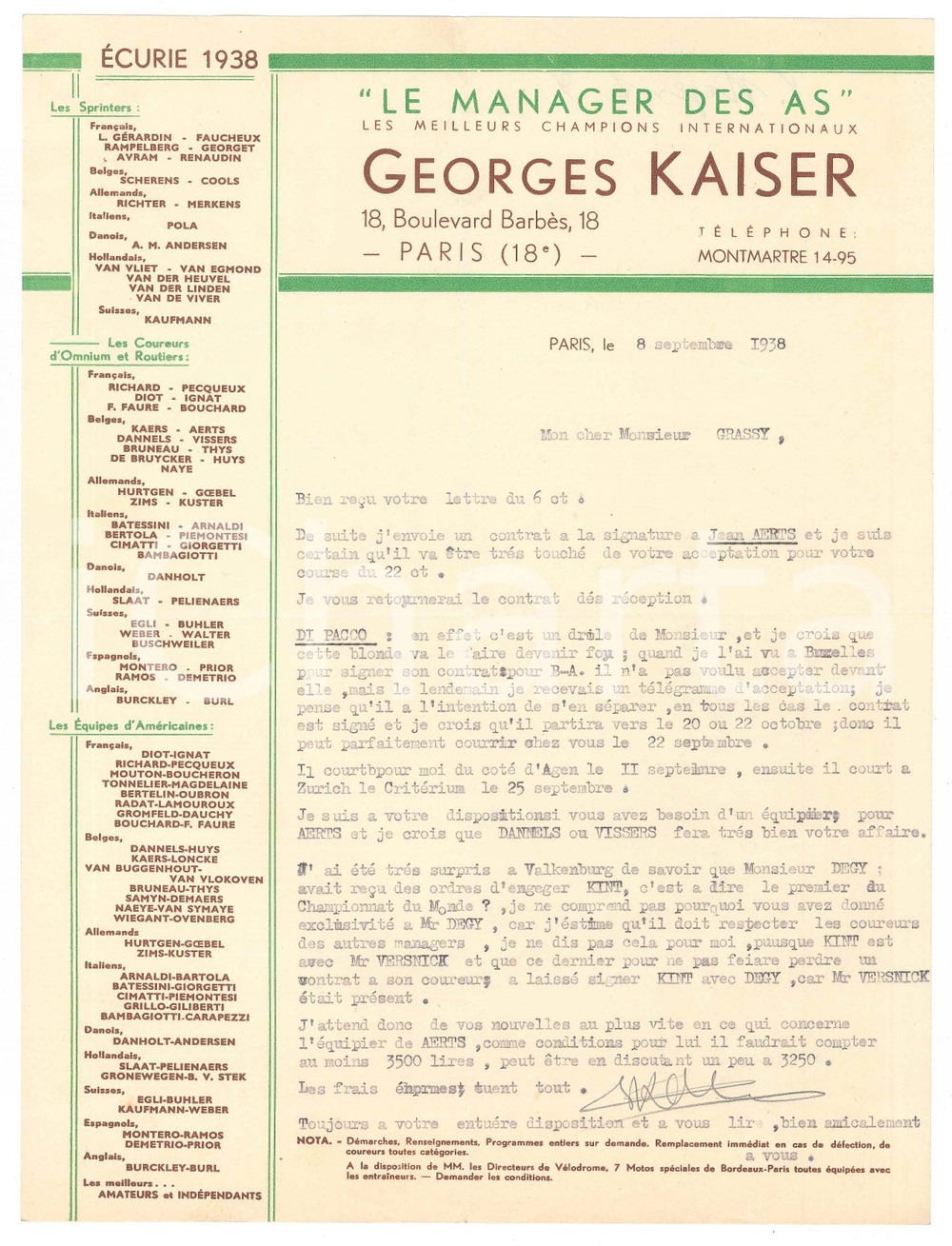 Autografo originale 1938 PARIS CICLISMO Georges KAISER propone ciclisti per una gara  Autografo 1