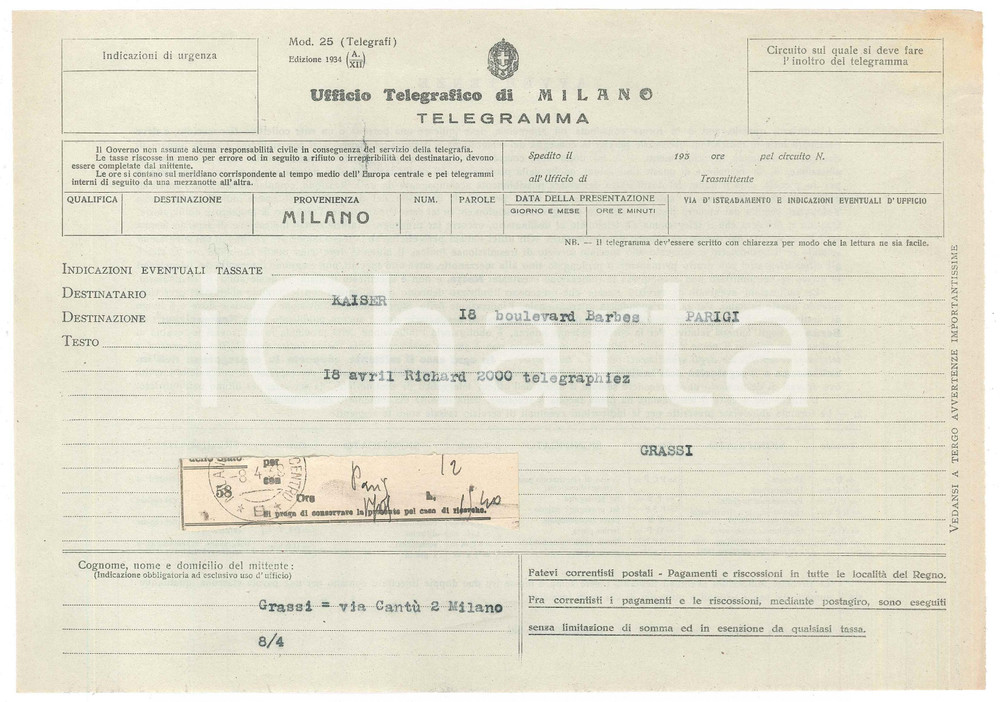 Documento originale, autentico 1938 CICLISMO  MILANO Telegramma di Giacomo GRASSI  27x19 cm 1 1