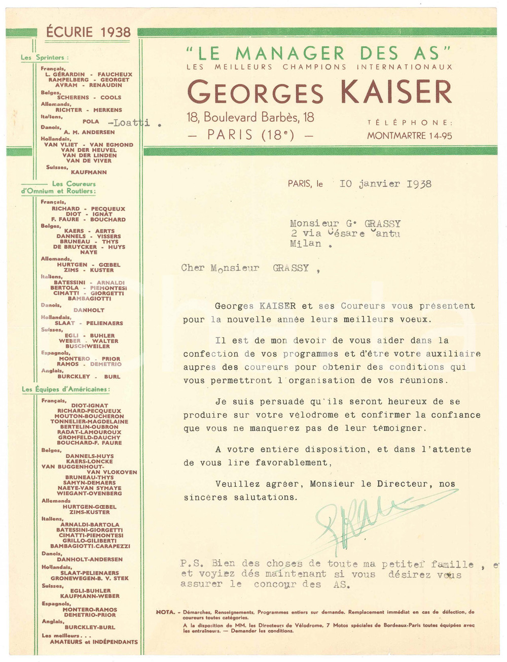 Autografo originale 1938 PARIS CICLISMO Auguri Georges KAISER direttore sportivo  Autografo 1