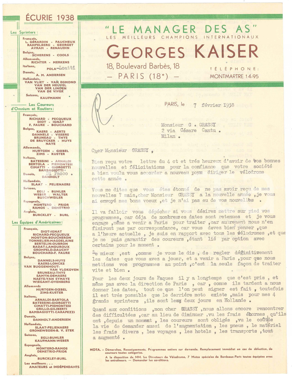 Autografo originale 1938 PARIS CICLISMO Georges KAISER sulla programmazione gare  Autografo 1