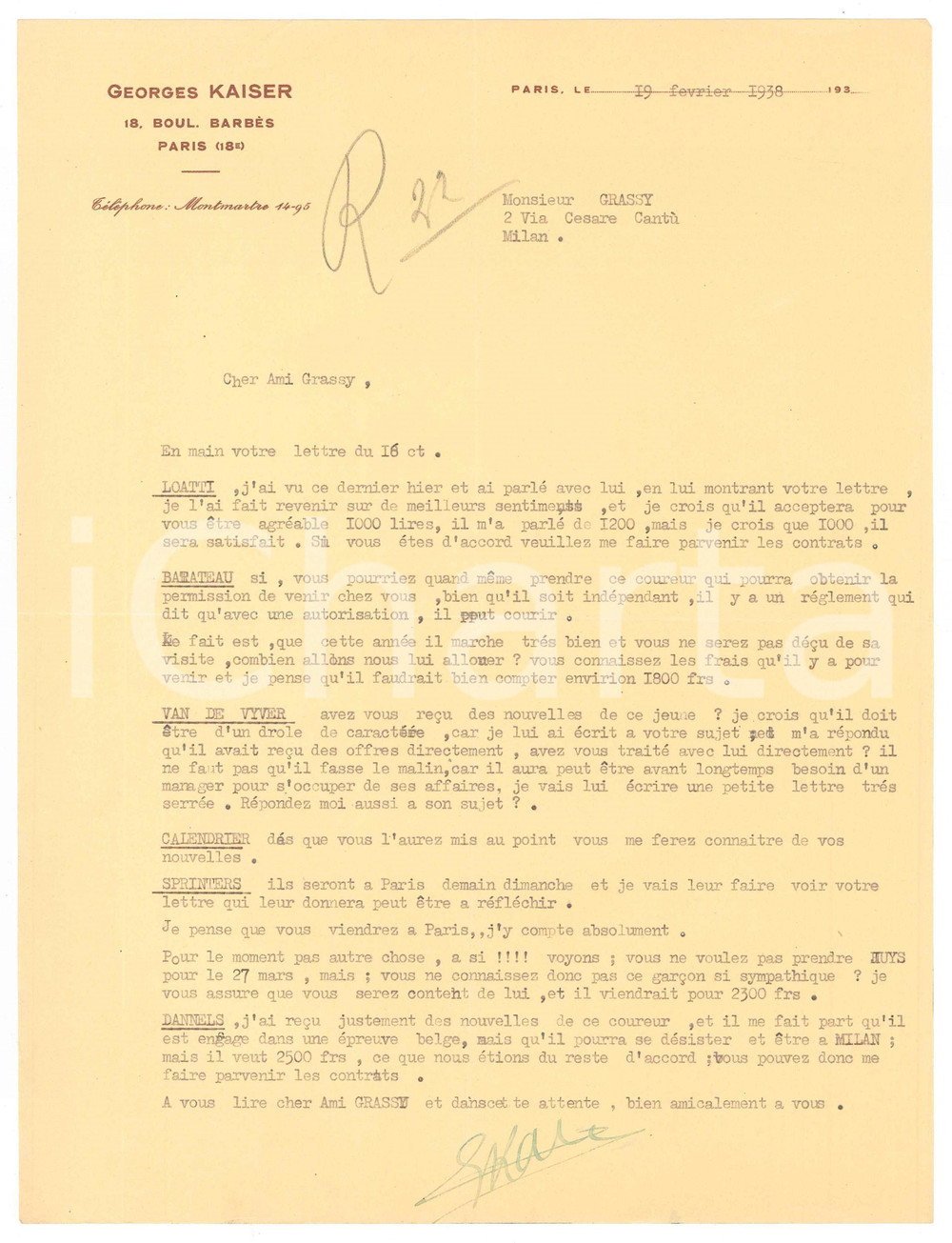 Autografo originale 1938 PARIS CICLISMO Georges KAISER pro Bruno LOATTI e contro VAN DE VYVER 1