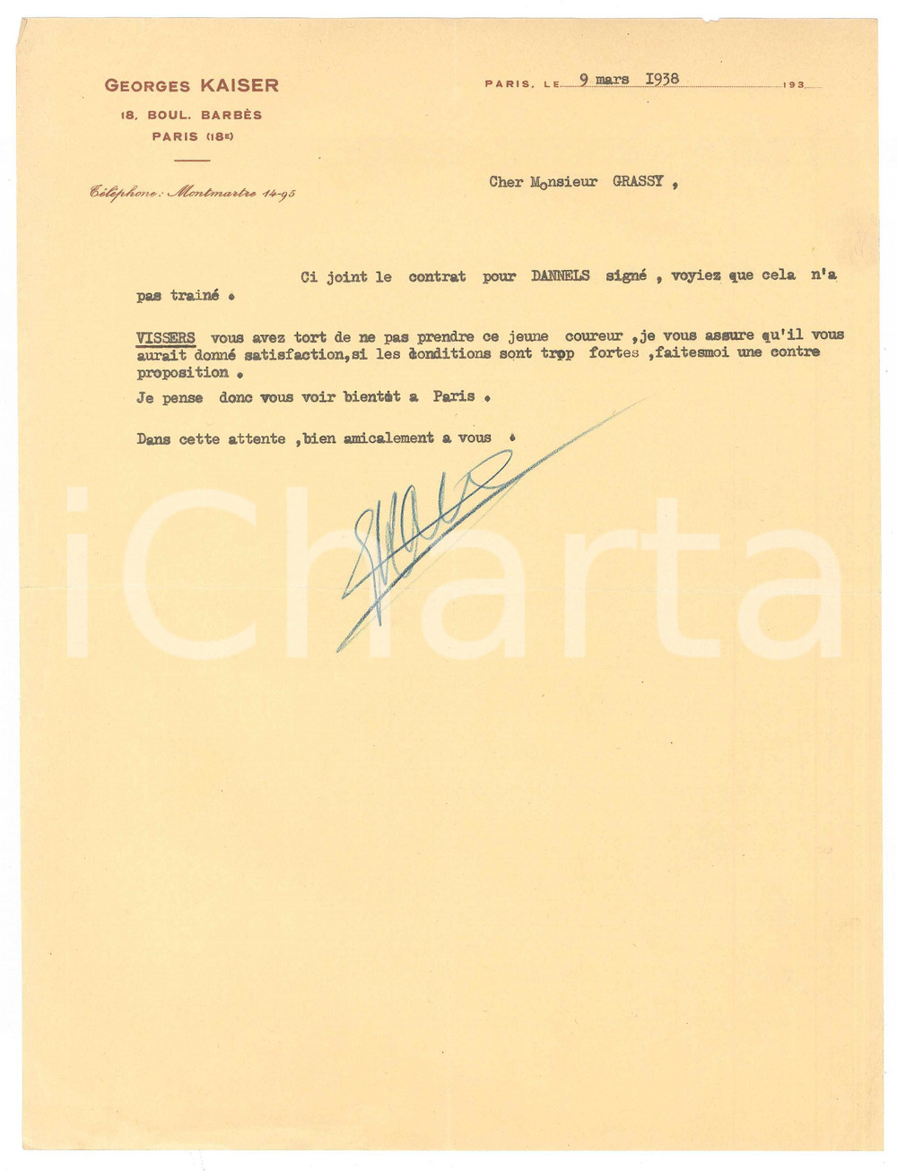 Autografo originale 1938 PARIS CICLISMO Georges KAISER promuove Edward VISSERS Autografo 1