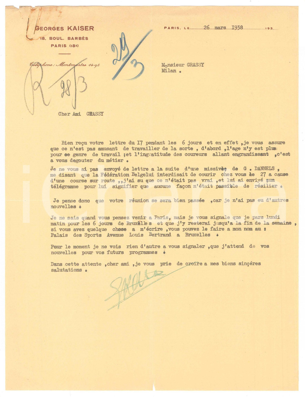 Autografo originale 1938 PARIS CICLISMO Georges KAISER su Gustave DANNEELS impegnato Autografo 1