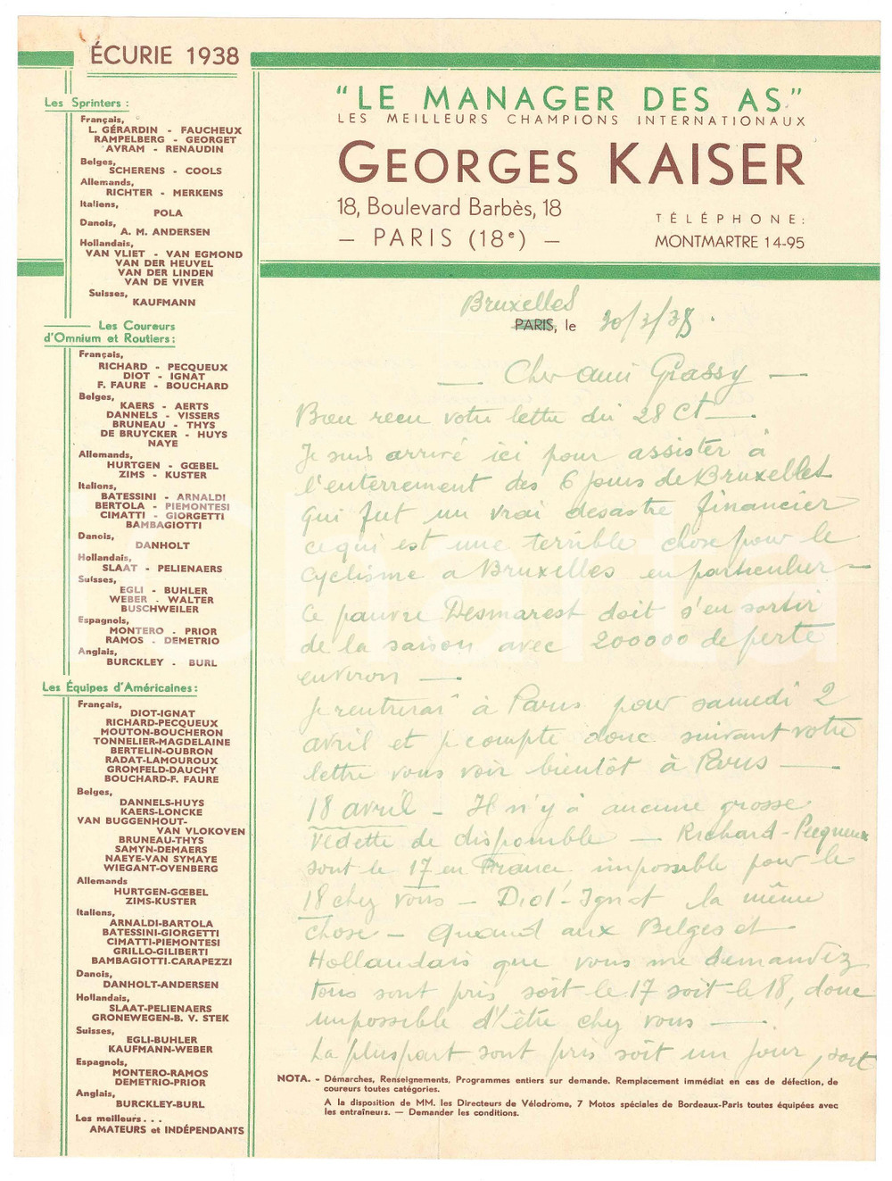 Autografo originale 1938 CYCLISME Georges KAISER 6 Jours de Bruxelles fut un dÃ©sastre AUTOGRAPHE 1