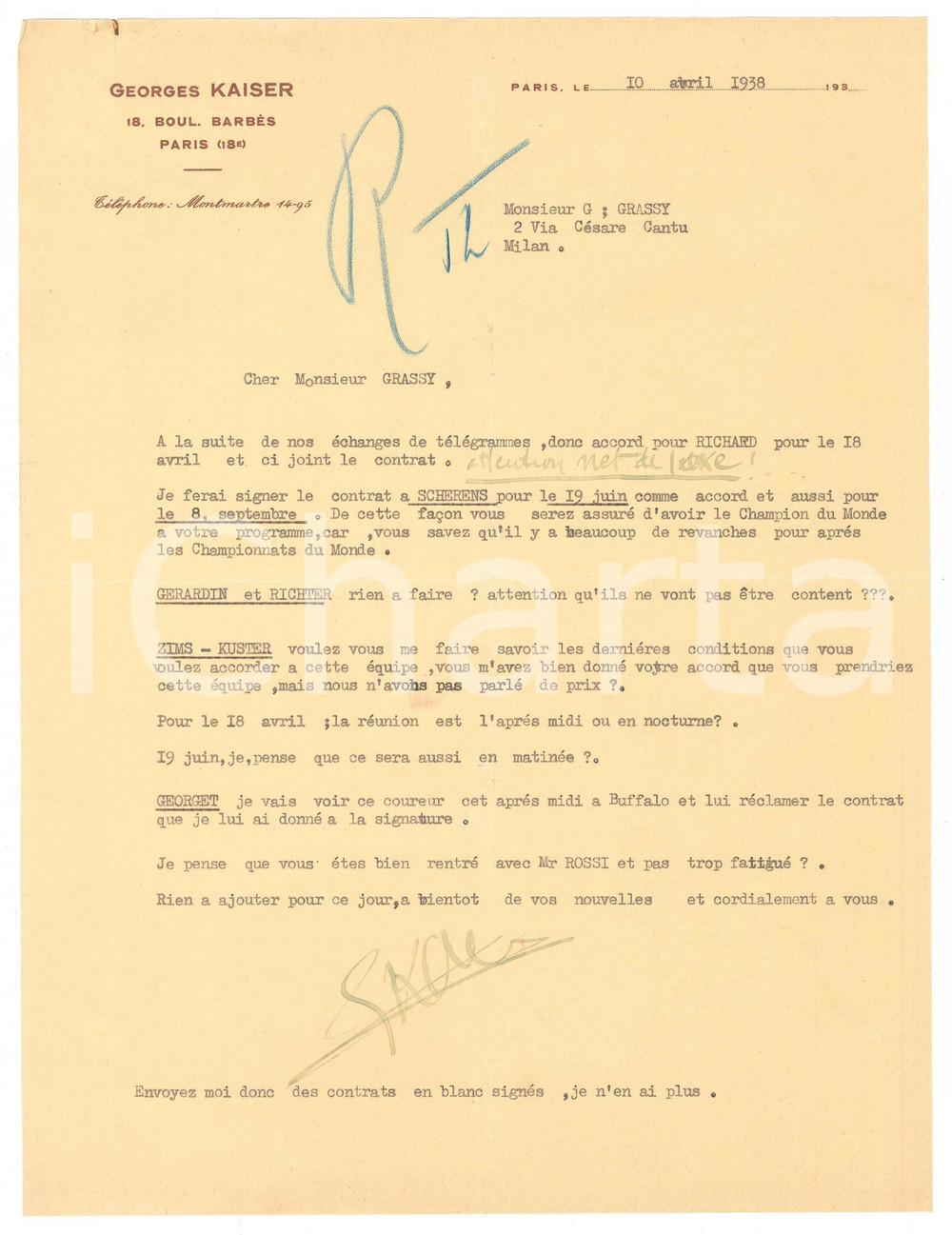 Autografo originale 1938 PARIS CICLISMO Georges KAISER su contratti corridori Autografo 1