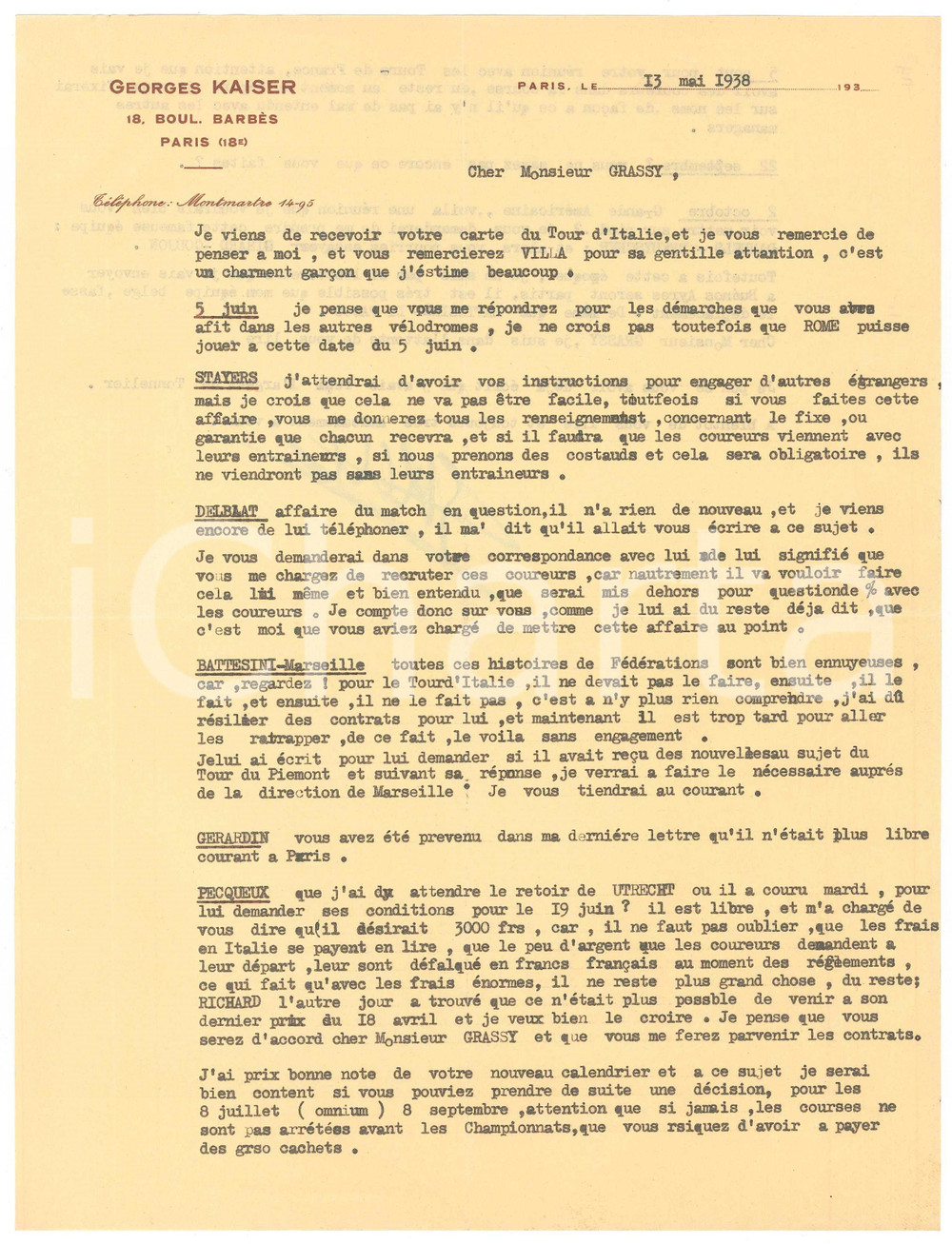 Autografo originale 1938 PARIS CICLISMO Georges KAISER su corridori per Giro d Italia Autografo 1