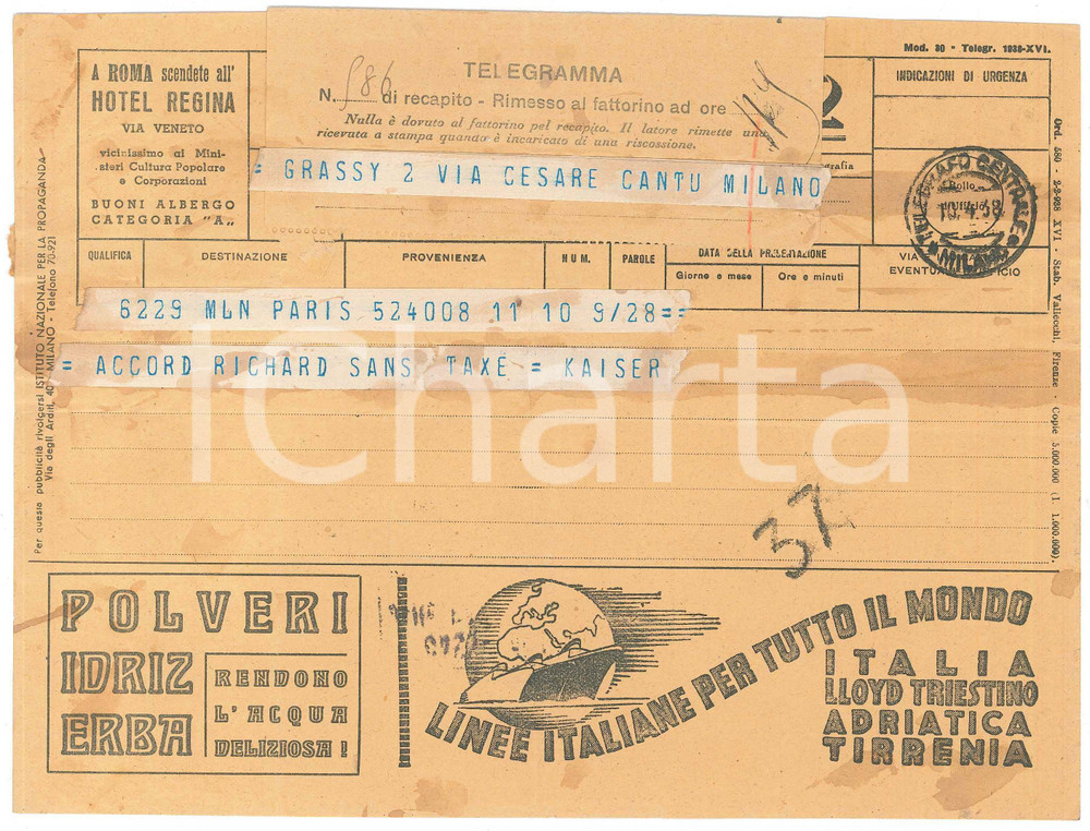 Documento originale, autentico 1938 CICLISMO  PARIGI Telegramma di Georges KAISER 23x17 cm 2 1