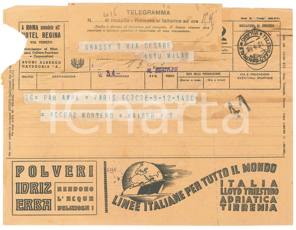 Documento originale, autentico 1938 CICLISMO  PARIGI Telegramma di Georges KAISER 23x17 cm 1 1