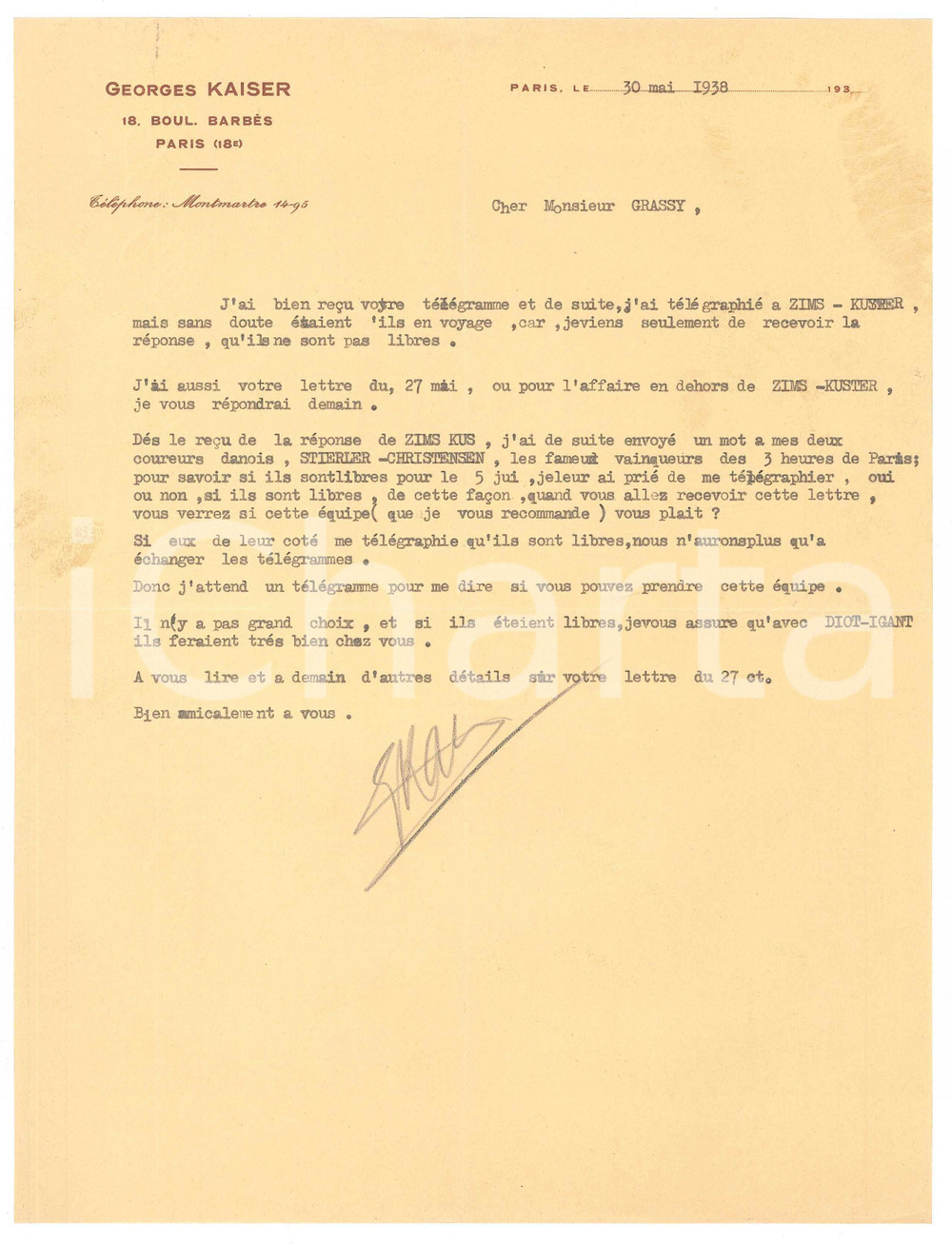 Autografo originale 1938 PARIS CICLISMO Georges KAISER propone STIERLER e CHRISTENSEN Autografo 1
