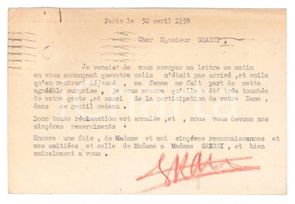 Autografo originale 1938 PARIS CICLISMO RIngraziamenti Georges KAISER direttore sportivo  AUTOGRAFO 1