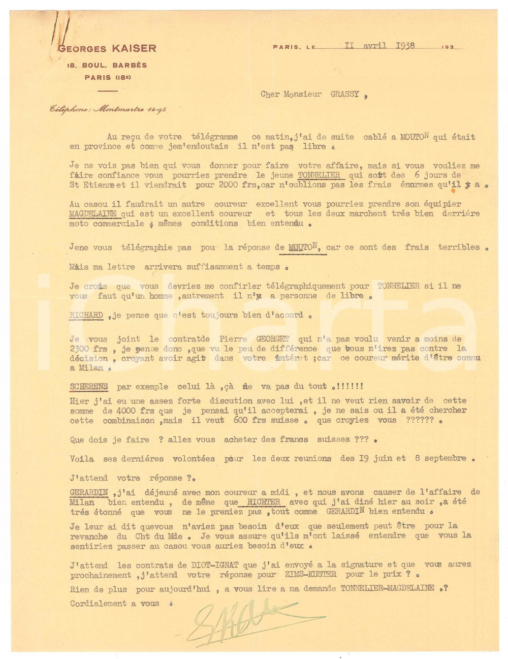 Autografo originale 1938 PARIS CICLISMO Georges KAISER in lite con Jef SCHERENS Autografo 1