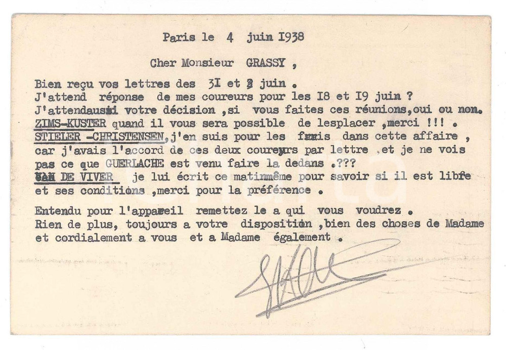 Autografo originale 1938 PARIS CICLISMO Georges KAISER direttore sportivo  Cartolina AUTOGRAFO 1