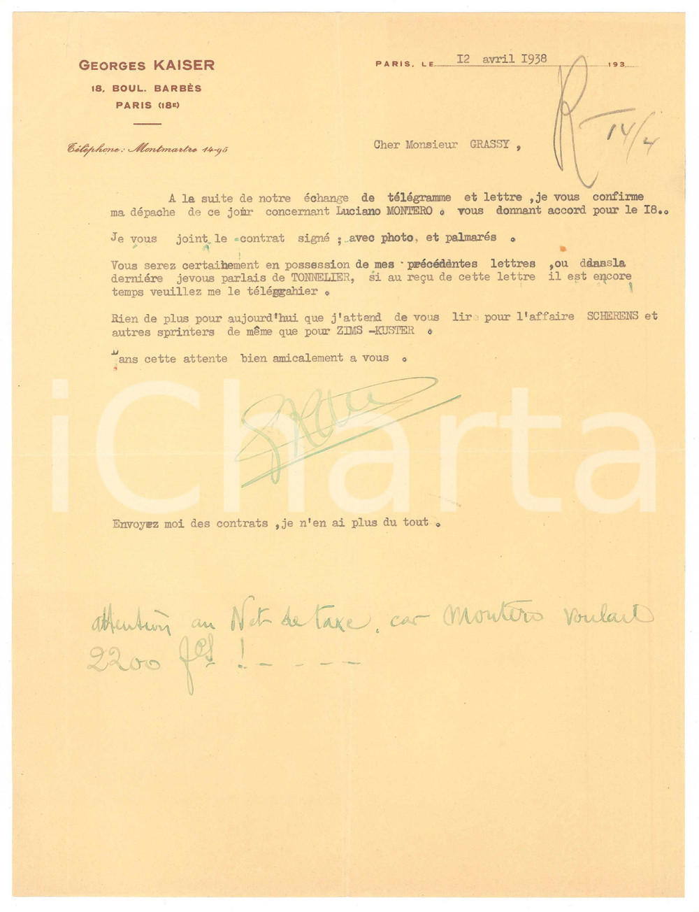 Autografo originale 1938 PARIS CICLISMO Georges KAISER conferma Luciano MONTERO Autografo 1