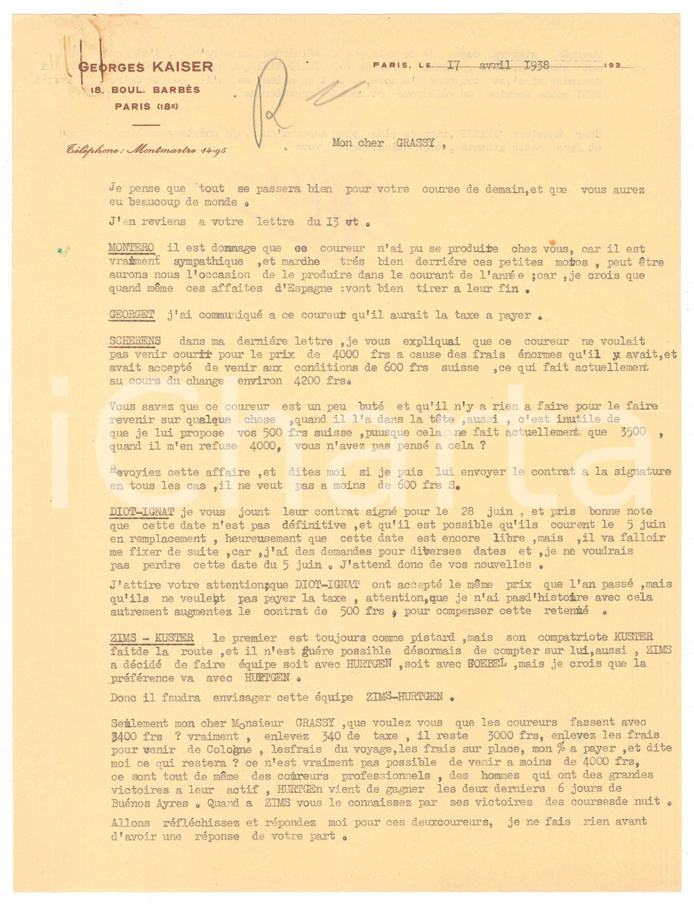 Autografo originale 1938 PARIS CICLISMO Lettera Georges KAISER su ingaggi corridori Autografo 1