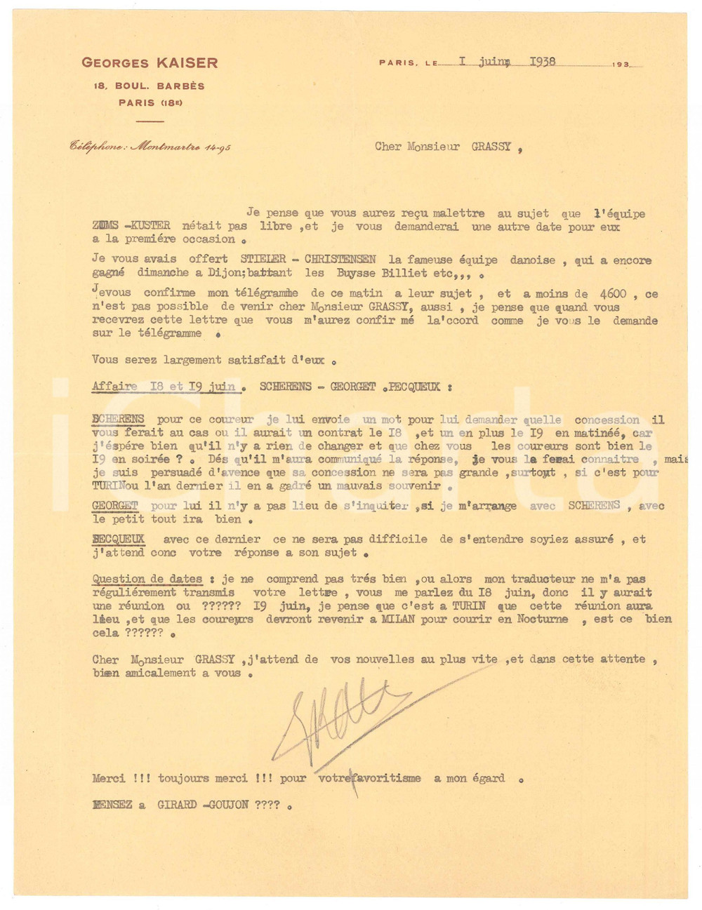 Autografo originale 1938 PARIS CICLISMO Georges KAISER propone corridori danesi Autografo 1