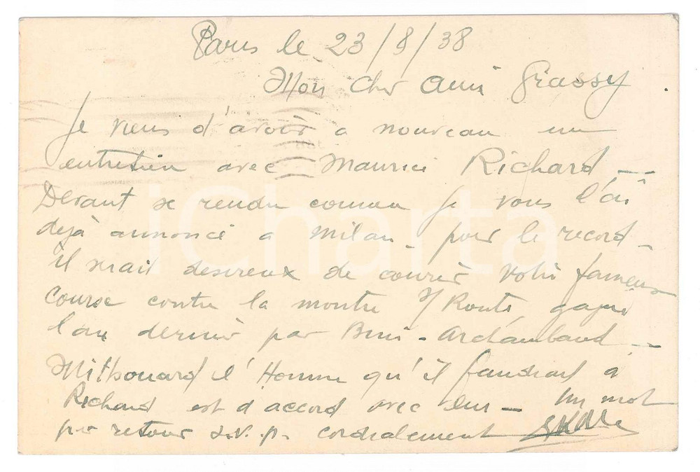Autografo originale 1938 PARIS CICLISMO Georges KAISER su ingaggio Maurice RICHARD  AUTOGRAFO 1