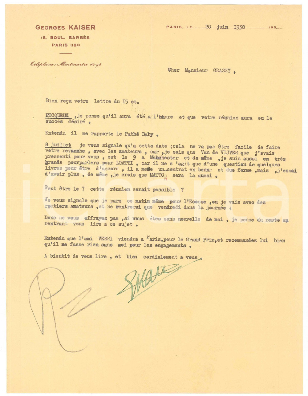Autografo originale 1938 PARIS CICLISMO Lettera Georges KAISER sulla data di una gara Autografo 1