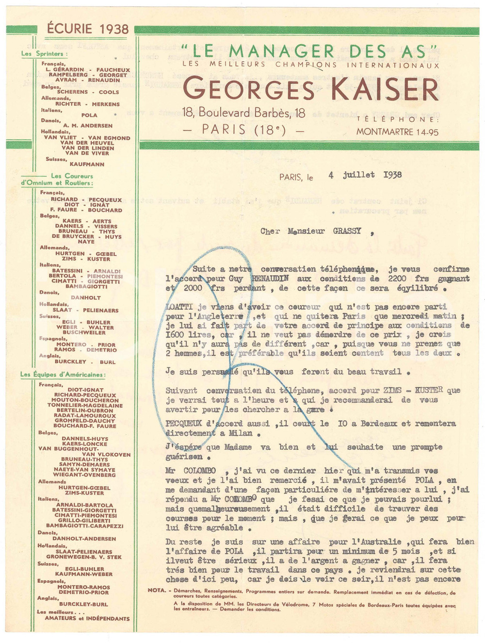 Autografo originale 1938 PARIS CICLISMO Lettera Georges KAISER su RENAUDIN LOATTI COLOMBO Autografo 1