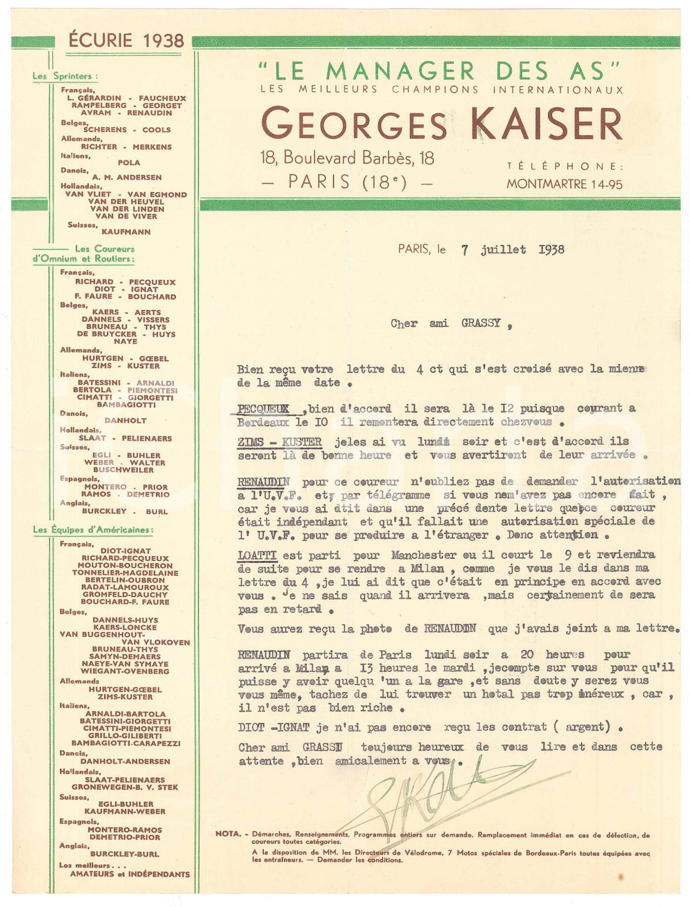 Autografo originale 1938 PARIS CICLISMO Georges KAISER su ingaggio dei suoi corridori Autografo 1