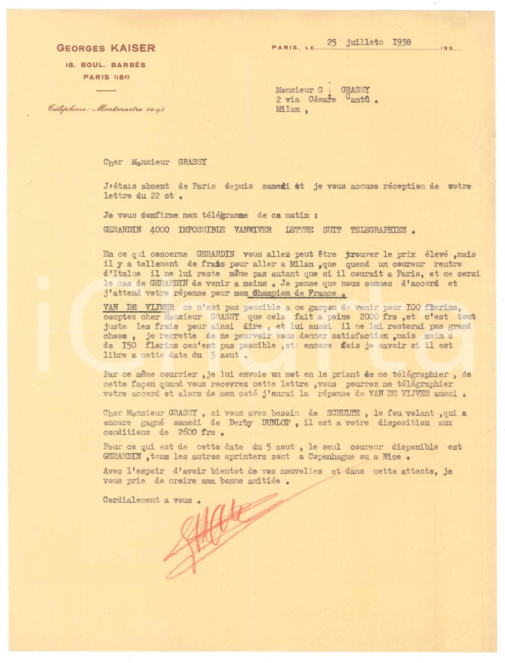 Autografo originale 1938 PARIS CICLISMO Georges KAISER su ingaggio GERARDIN a Milano Autografo 1