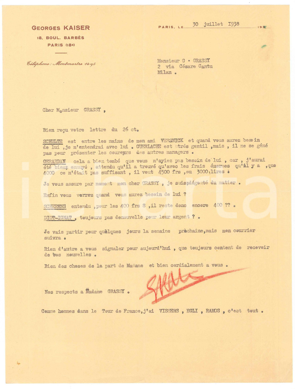 Autografo originale 1938 PARIS CICLISMO Georges KAISER su ingaggio corridori Autografo 1