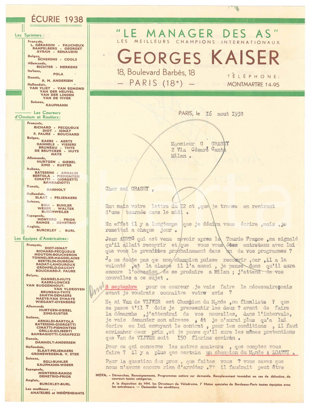 Autografo originale 1938 PARIS CICLISMO Georges KAISER chiede ingaggio per Jean AERTS Autografo 1