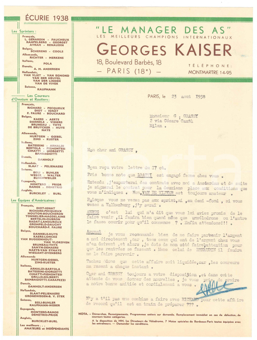 Autografo originale 1938 PARIS CICLISMO Georges KAISER chiede ingaggio per Jean AERTS  Autografo 1