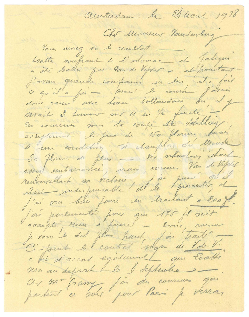 Autografo originale 1938 AMSTERDAM CICLISMO Georges KAISER su ingaggi corridori AUTOGRAFO 1